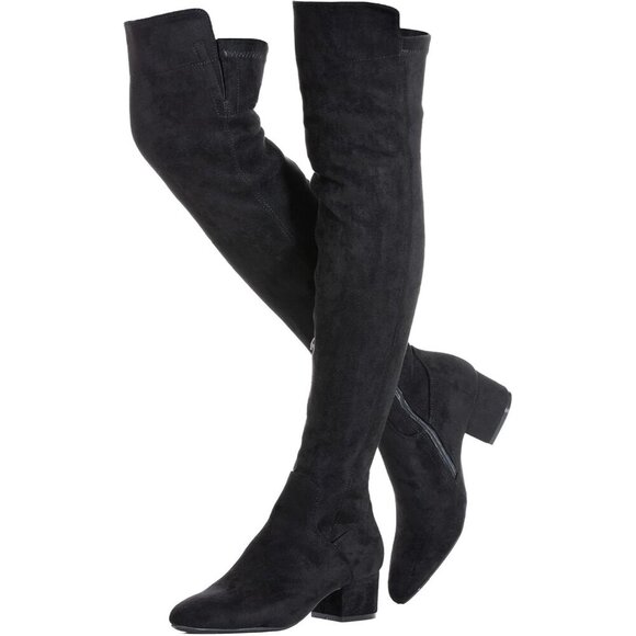 Shoes - Women's Black High Thigh Low Block Heel Stylish Boots